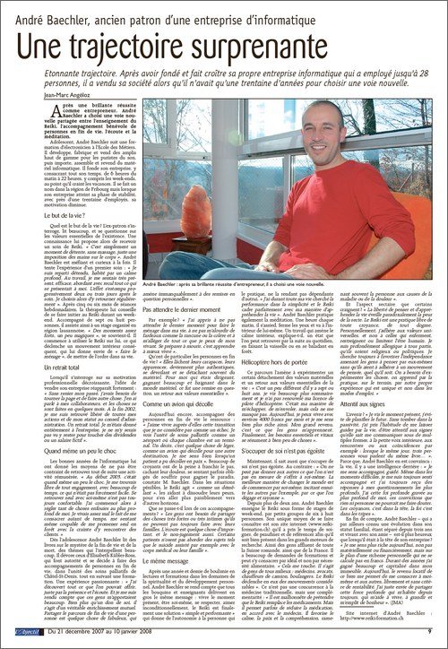 André Baechler : après sa brillante réussite d'entrepreneur, il a choisi une voie nouvelle Article paru dans le journal l'Objectif du 21 décembre 2007