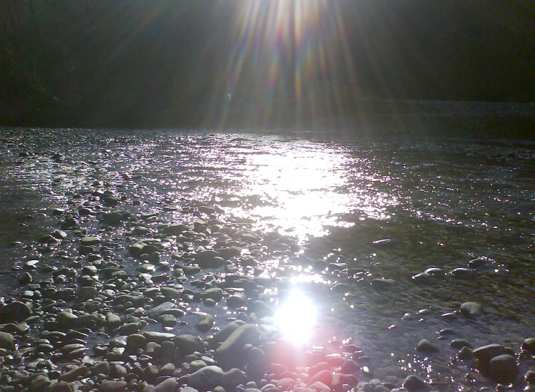 A la verticale du lieu de stage de Fribourg ( Villars-sur-Glâne ) - Petit contre jour sur la Sarine plutôt basse - janvier 2008 Reiki - Contre jour sur la Sarine