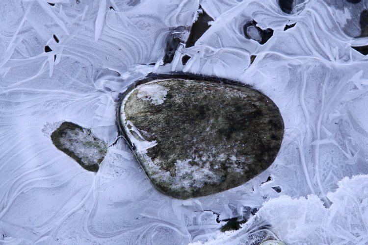 Une pierre dans la Sarine figée par la glace © reiki-formation Pierre dans la Sarine glacée - reiki-formation